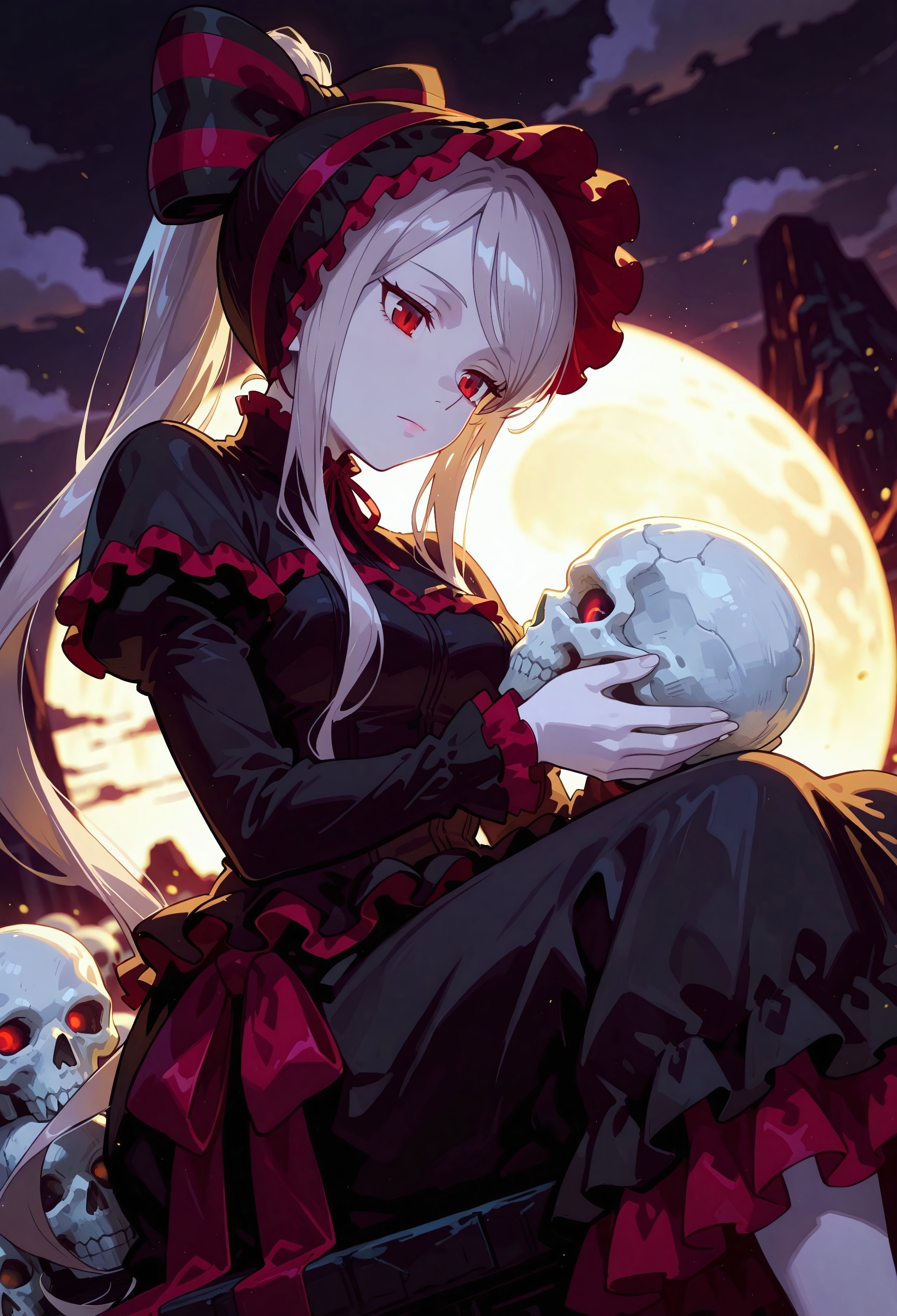 BREAK close-up, depth of field, ambience sense, perspective, dynamic angle, from side, crisp detail, crisp edges, harsh lighting, harsh shadows, anime eyes, detailed anime eyes

BREAK illushalltear, pale skin, red eyes, long hair, ponytail, hair bow, bonnet, black dress, long sleeves, frilled dress, 748cmstyle, gbf_style, warm light style

BREAK sitting, skull, mountain of skulls, holding skull, emotionless, dark background, eerie, dramatic lighting, dark fantasy, clouds, moonlight, closed mouth, blurry background, focus

BREAK very awa, masterpiece, amazing quality, absurdres, newest, very aesthetic