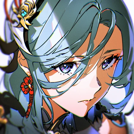 masterpiece, best quality, <lora:yoneyama-a31-000020:1>,yoneyama mai, 1girl, solo,face,close-up,blurry, chromatic aberration,shenhe \(genshin impact\), ice,ice theme,snow,mature female, hair ornament,