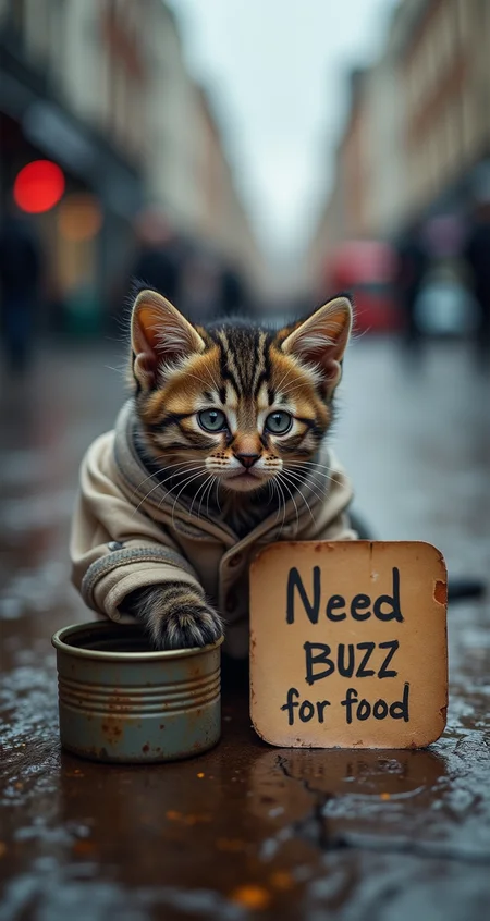 A tiny, forlorn kitten, abandoned and alone, shivers on the cold, rain-soaked streets of London. Its once-soft fur is now matted and filthy, caked in grime from weeks of surviving as a stray. Curled up in a tattered newspaper for warmth, the kitten's large, sorrowful eyes stare out, pleading for kindness. Beside it sits an empty, rusty cat food tin, with a worn-out sign propped against it, scribbled with the words, 'Need BUZZ for food.' The kitten's expression is a heart-wrenching mix of despair and hope, casting a shadow of sadness across the bustling city backdrop.