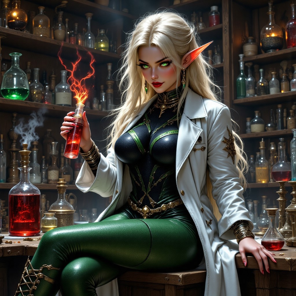 1girl, blonde hair, Bethiella, sexy face, sexy elf, big breasts, lab coat, dark picture, pale green eyes, puplils showing, messy pale blonde hair, alchemy, in a magical lab, mixing potions, she is working in a lab mixing diffrent potions, veiwed from the side, chemical reactions, holding a vial of red liquid, green leather pants, green leather boots with straps and laces, dark, black and green sweater with long sleeves, lab coat, leather skirt, high angle, resting one hand on the table, sitting, crossing her legs, chest is covered by her sweater,