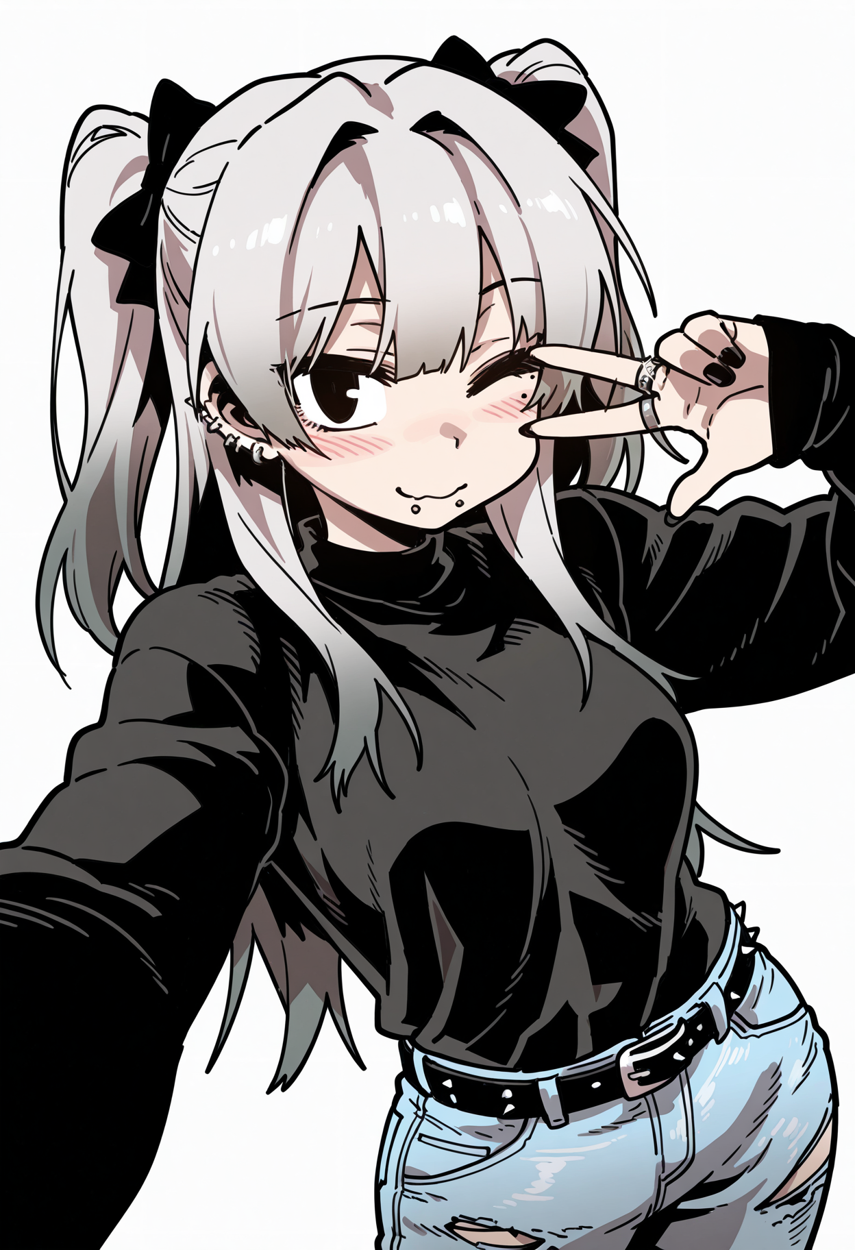1girl, solo, black nails, piercing, jewelry, one eye closed, spikes, grey hair, long hair, ear piercing, shirt, blush, white background, torn clothes, looking at viewer, simple background, ring, bow, selfie, two side up, mole, hair bow, black eyes, bangs, belt, long sleeves, pants, lip piercing, denim, 
<lora:parkgeeIL-style:1>,parkgee,masterpiece,best quality,amazing quality, 2D,  line art,