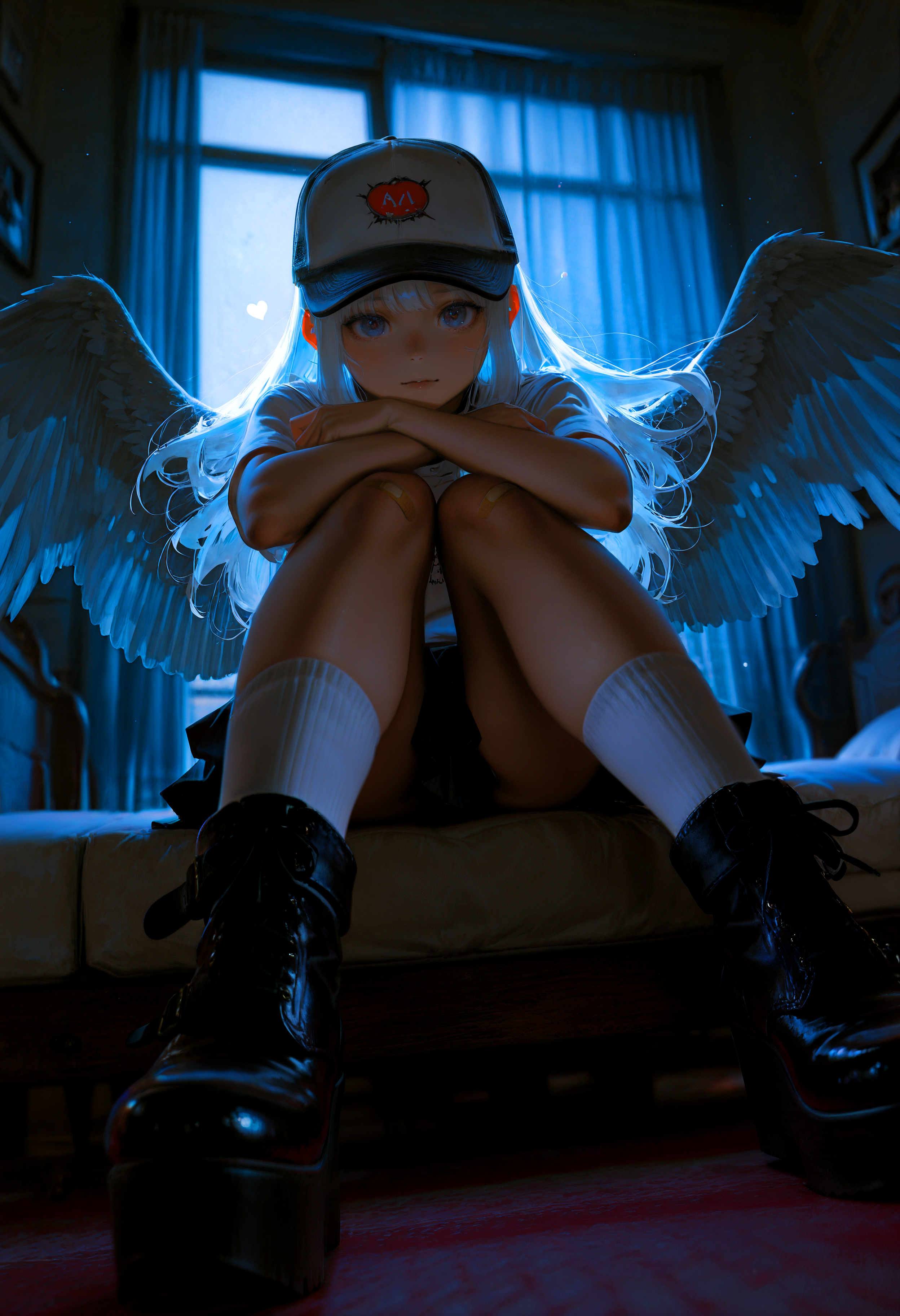HDR, 8K, high contrast, masterpiece, best quality, amazing quality, very aesthetic, superabsurd res, high resolution, ultra-detailed, absurdres, newest, scenery, (horikoshi kouhei:0.3), (quasarcake:0.3), (wlop:0.3), lightrays, chiaroscuro, dynamic angle, 1girl, wings, heart, solo, long hair, skirt, socks, white hair, bandaid, black skirt, angel wings, bangs, looking at viewer, trvcker h4t, hat, black and white headwear, platform footwear, black footwear, sitting, bedroom, foreshortening , dark, night, bloom, backlighting, partially illuminated, Intricately designed, Mysterious Shadows, BREAK, photorealistic, beautiful detailed eyes, detailed skin, detailed hair, volumetric lighting, dappled light, light particles, dramatic shadows, cinematic lighting, photo background, depth of field, <lora:IL\touching_grass_v0.2:0.8> <lora:IL\KMS_Trucker_Hat_IL-000021:0.9>