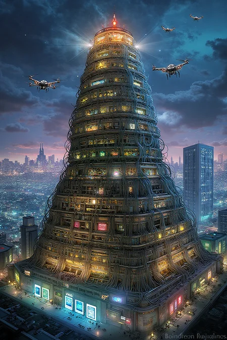 <lora:tower-of-babel-flux-d:1.6>
A reimagined Tower of Babel rises, not from stone, but from tangled masses of wires, glowing fiber optics, and pulsing circuit boards. It buzzes with energy, like a digital ziggurat in a neon-lit dystopia. The air hums with static, and drones circle the top like mechanical birds. The world around it is consumed by glowing screens and forgotten data. Cyberpunk, high-tech aesthetic. No text or watermark.