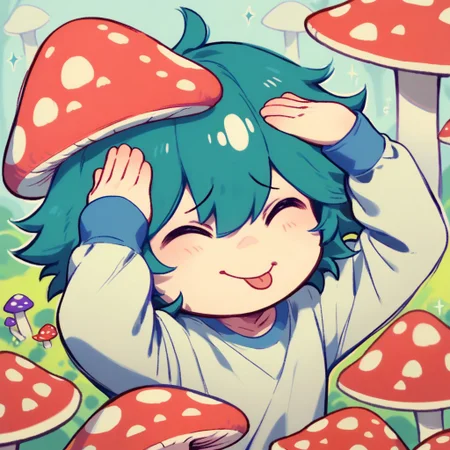 score_9, score_8, score_9_up, small, creature, mushroom, mushroom person, chibi, kawaii, AhEtoBlehMeme, closed eyes, tongue out, :p, hands on own head, smile