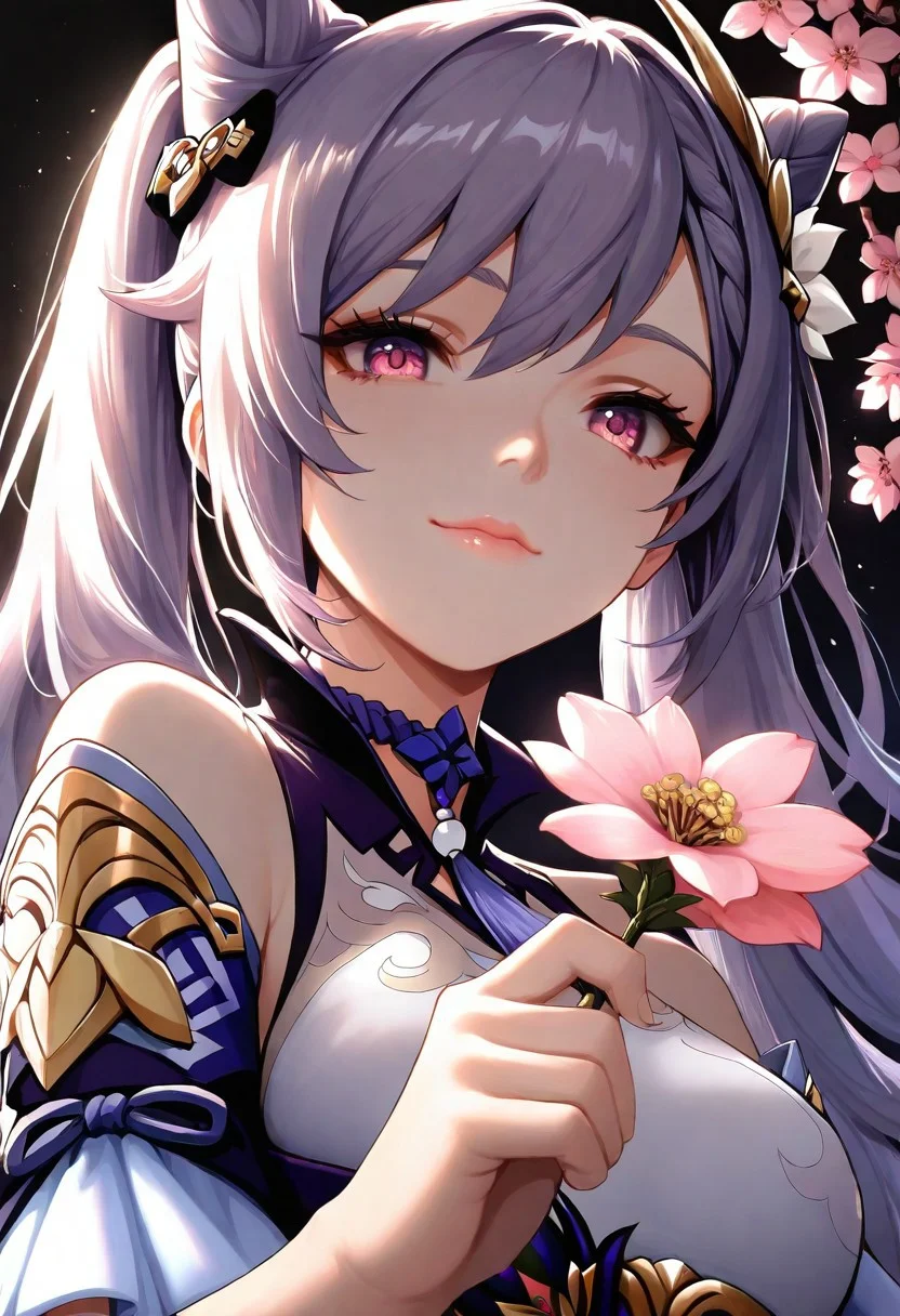 1girl, Keqing Genshin Impact, lips, thin lips, solo, looking at viewer, charming smile, holding flower, chupa chups, upper body, from below, back lighting, dark, multicolored background, masterpiece, cherry blossom, best quality, very aesthetic