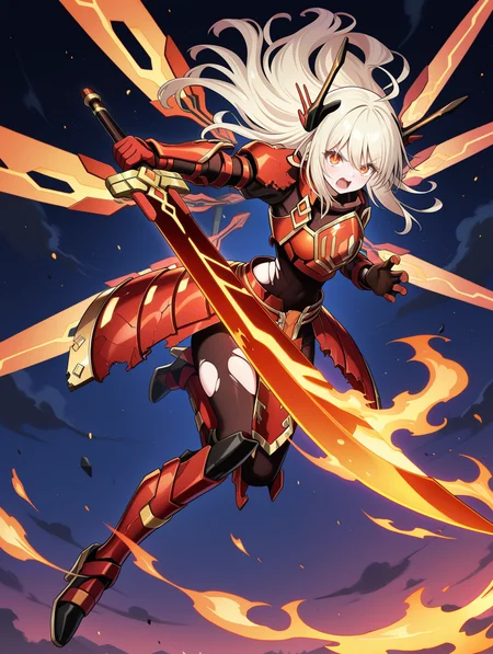sky striker ace - raye, red power armor, mecha musume, official alternate costume, 1girl, solo, fire, pyrokinesis, angry, open mouth, holding flaming red huge sword, orange eyes, full body, looking at viewer, flaming red huge sword, black bodysuit, red sword wings, red headgear, red armored gloves, red breastplate, red mechanical boots, flying, torn armor,
masterpiece,best quality,amazing quality,very aesthetic,absurdres,newest,<lora:Sky striker ace - kagari illusXL v1:0.7>,