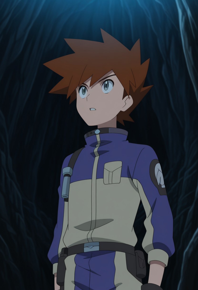 masterpiece,best quality,amazing quality, source_anime, 
shige_jou, 1boy, male focus, solo, grey eyes, brown hair, spiked hair, jumpsuit, purple and brown jumpsuit, cave, parted lips, looking up,