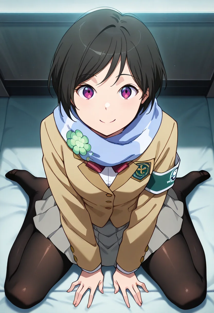 masterpiece, best quality, amazing quality, very aesthetic, absurdres, newest, illustration, perfect composition, intricate details, highres, anime coloring, 1girl, solo, inkoww, purple eyes, black hair, short hair, school uniform, blue striped scarf, four-leaf clover, blazer, long sleeves, armband, grey skirt, black pantyhose, <lora:Amifumi_Inko_Aldnoah_Zero_ill_v1.1:1>, from above, sitting, wariza, looking at viewer, smile, indoors, shiny body, shiny skin, skindentation, clear skin, shiny hair, ultra detailed eyes, depth of field, sharp, intricate details, hyperdetailed, ultra-detailed, detailed clothing folds, high contrast, dynamic light