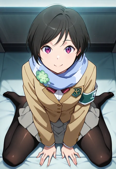 masterpiece, best quality, amazing quality, very aesthetic, absurdres, newest, illustration, perfect composition, intricate details, highres, anime coloring, 1girl, solo, inkoww, purple eyes, black hair, short hair, school uniform, blue striped scarf, four-leaf clover, blazer, long sleeves, armband, grey skirt, black pantyhose, <lora:Amifumi_Inko_Aldnoah_Zero_ill_v1.1:1>, from above, sitting, wariza, looking at viewer, smile, indoors, shiny body, shiny skin, skindentation, clear skin, shiny hair, ultra detailed eyes, depth of field, sharp, intricate details, hyperdetailed, ultra-detailed, detailed clothing folds, high contrast, dynamic light