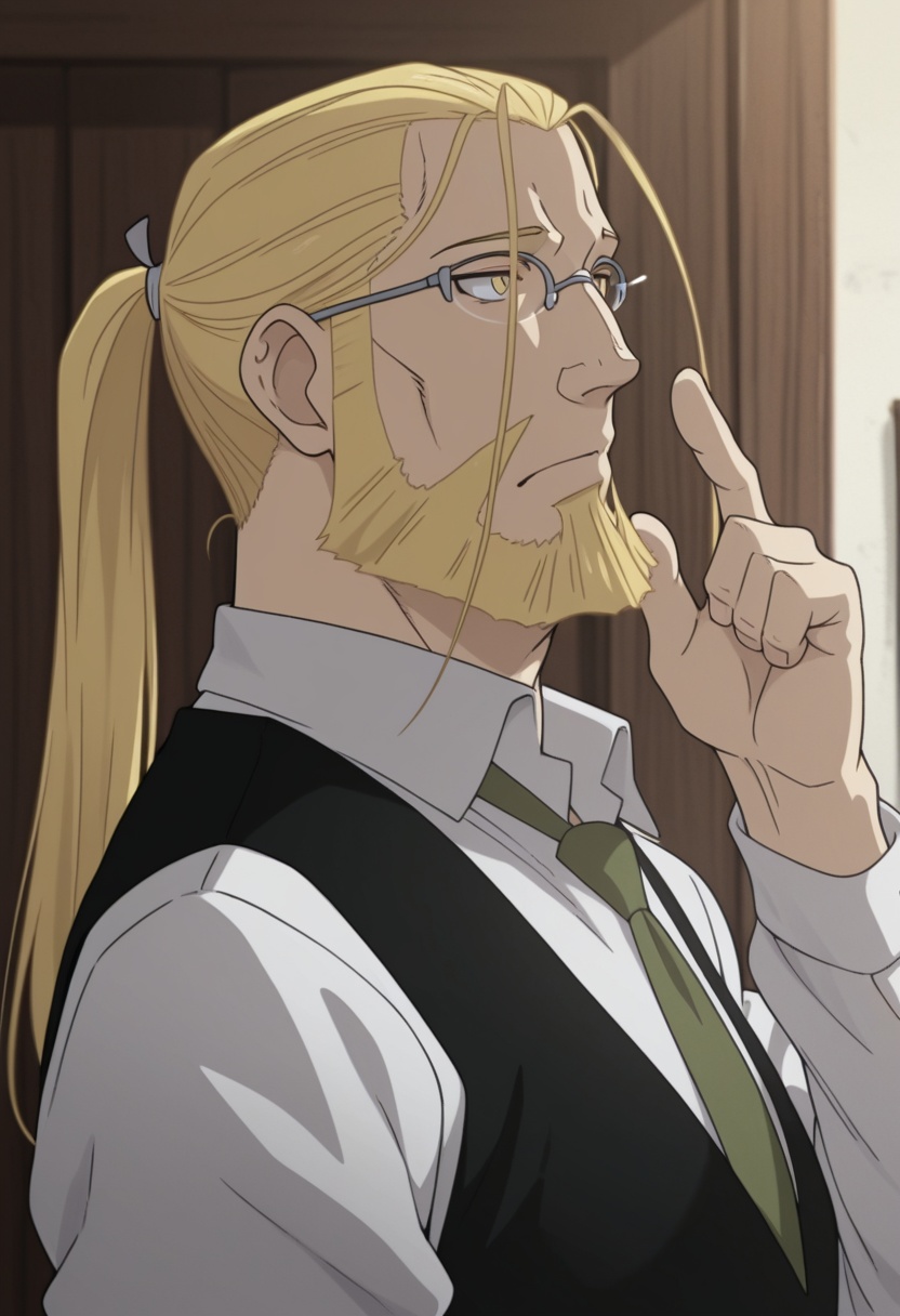 van hohenheim, beard, long hair, ponytail, yellow eyes,glasses,
masterpiece,best quality,amazing quality,newest,
