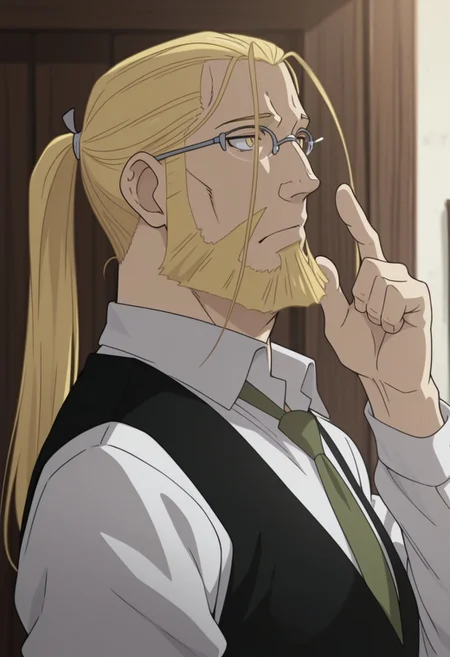 van hohenheim, beard, long hair, ponytail, yellow eyes,glasses,
masterpiece,best quality,amazing quality,newest,