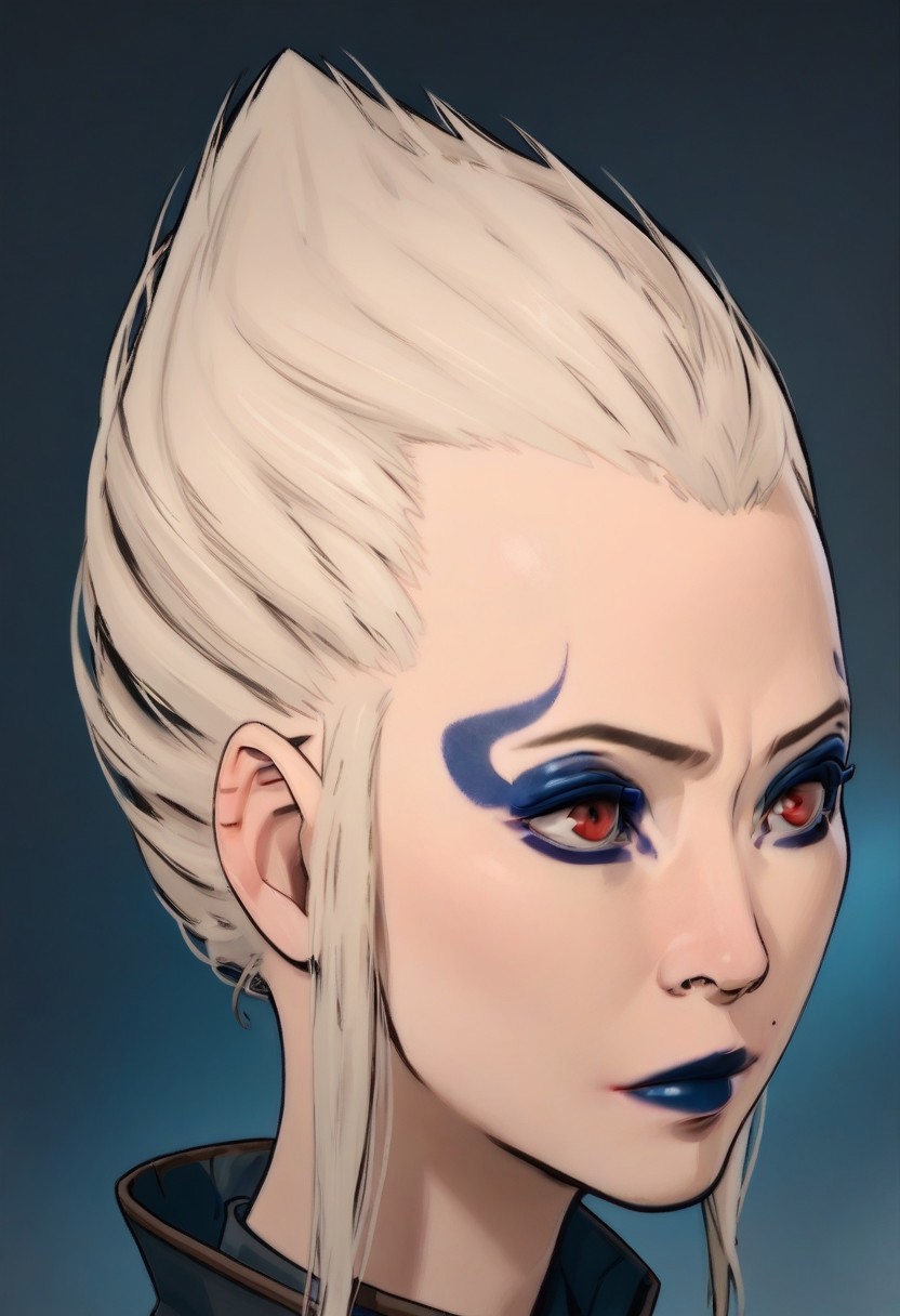 score_9, score_8_up,score_7_up, score_6_up, score_5_up, score_4_up, 
1girl, bg3fem_warlock, pale skin, blue makeup, blue lipstick, red eyes, white hair, pointed hair,
side view,
(((portrait))), facing viewer, looking at viewer, standing, simple grey background,