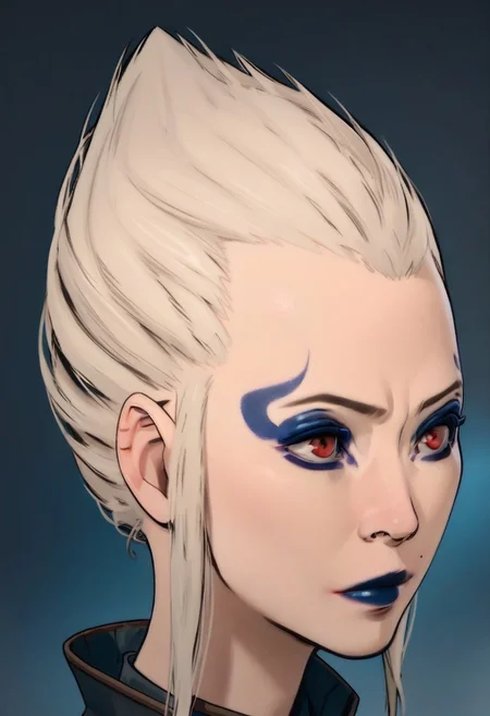 score_9, score_8_up,score_7_up, score_6_up, score_5_up, score_4_up,
1girl, bg3fem_warlock, pale skin, blue makeup, blue lipstick, red eyes, white hair, pointed hair,
side view,
(((portrait))), facing viewer, looking at viewer, standing, simple grey background,