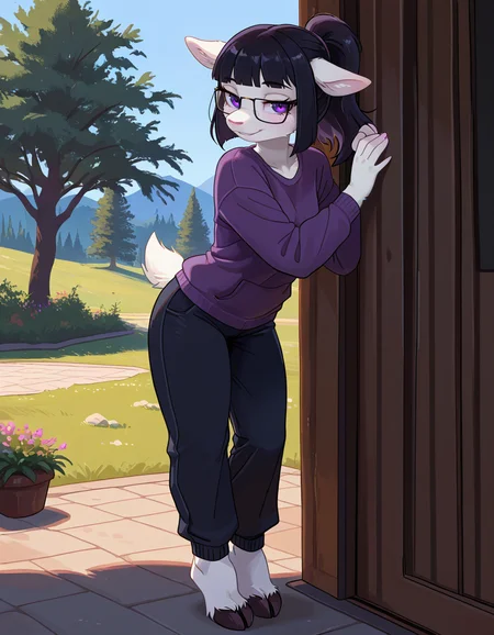 masterpiece, best quality, very aesthetic, absurdres,
outdoors,
full body, seductive smile, parted lips, long eyelashes,
<lora:Tala_v01_NAIXL:1>
T4l4,1girl,solo,furry,furry female,black hair,animal ears,ponytail,blunt bangs,purple eyes,glasses,snout,animal nose,body fur,white fur,tail,hooves,