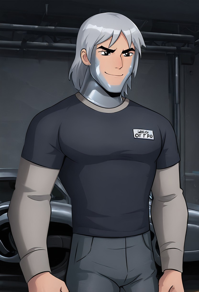 masterpiece, best quality, amazing quality, very aesthetic, absurdres, newest,
 kevaf, black eyes, black pupils, white sclera,  1boy, solo,  eyebrows, 
metal grey hair, grey metal shirt, layered sleeves, short over long sleeves, thick eyebrows, metal grey jeans, 
angry, smile, petrification, shiny skin, oily skin, metallic skin, metal skin, nuts and bolts, garage, mechanic, upper body,  metal parts, car parts, garage, dynamic pose, metal skin, shiny skin,