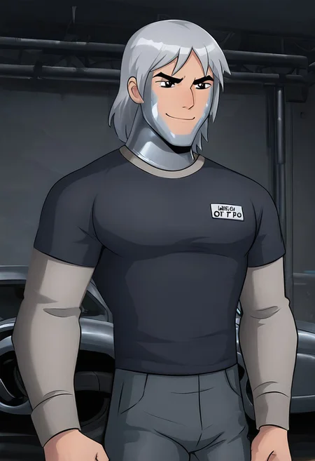 masterpiece, best quality, amazing quality, very aesthetic, absurdres, newest,
kevaf, black eyes, black pupils, white sclera, 1boy, solo, eyebrows,
metal grey hair, grey metal shirt, layered sleeves, short over long sleeves, thick eyebrows, metal grey jeans,
angry, smile, petrification, shiny skin, oily skin, metallic skin, metal skin, nuts and bolts, garage, mechanic, upper body, metal parts, car parts, garage, dynamic pose, metal skin, shiny skin,
