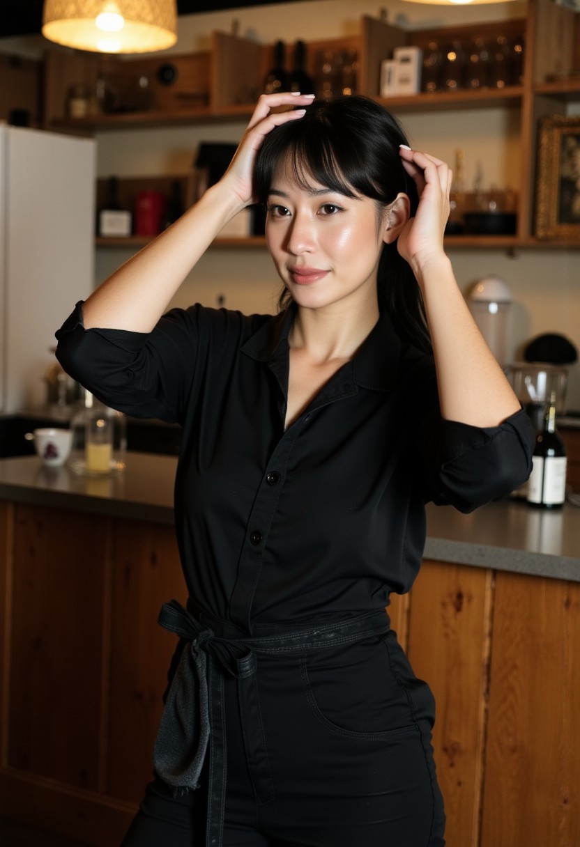 A slender woman in her early 20s, with a pixie cut and a playful smirk on her face. She is wearing a black collared button-up shirt with the sleeves rolled up to her elbows, tucked into fitted high-waisted black trousers. A black half-apron is tied snugly around her waist, with a towel tucked into the side. She's finishing tying her long, dark hair back into a sleek ponytail. Her makeup is simple and natural, with a touch of mascara and a swipe of tinted lip balm. She's standing behind a busy counter, surrounded by the bustling atmosphere of a cozy, rustic-chic bistro. perfection style,  herbstphoto, aesthetic_pose