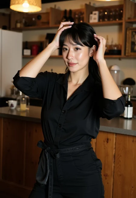 A slender woman in her early 20s, with a pixie cut and a playful smirk on her face. She is wearing a black collared button-up shirt with the sleeves rolled up to her elbows, tucked into fitted high-waisted black trousers. A black half-apron is tied snugly around her waist, with a towel tucked into the side. She's finishing tying her long, dark hair back into a sleek ponytail. Her makeup is simple and natural, with a touch of mascara and a swipe of tinted lip balm. She's standing behind a busy counter, surrounded by the bustling atmosphere of a cozy, rustic-chic bistro. perfection style,  herbstphoto, aesthetic_pose
