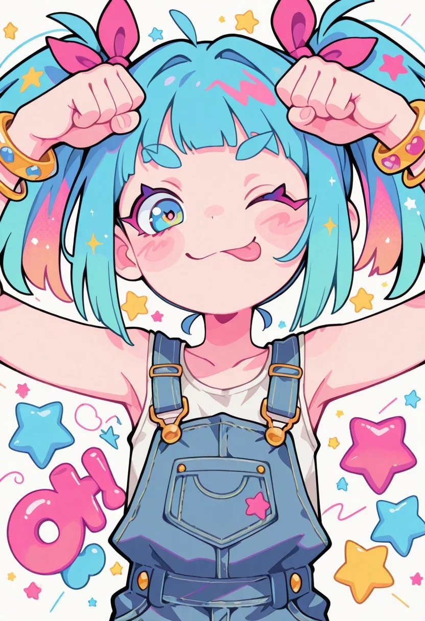 1 girl , solo , blushing , tongue out , closed mouth , bratty smile , thick eyebrow , eyelashes , cute , twintails , fist against head , winking , star , sleeveless , bracelet , overalls , ribbon , hair ribbon ,
masterpiece, best quality ,amazing quality ,S4bit4mago_illu , Protoneon ,s0wasow4rt_illu,