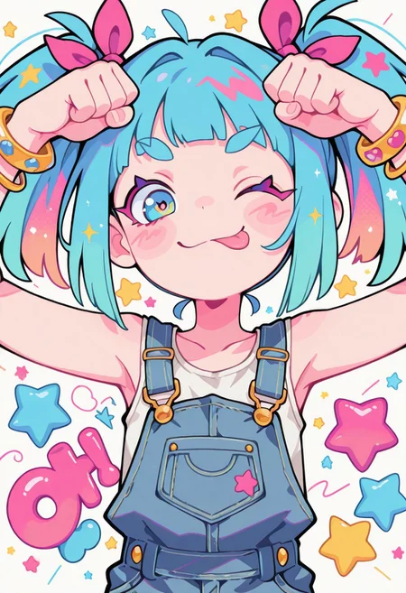 1 girl , solo , blushing , tongue out , closed mouth , bratty smile , thick eyebrow , eyelashes , cute , twintails , fist against head , winking , star , sleeveless , bracelet , overalls , ribbon , hair ribbon ,
masterpiece, best quality ,amazing quality ,S4bit4mago_illu , Protoneon ,s0wasow4rt_illu,