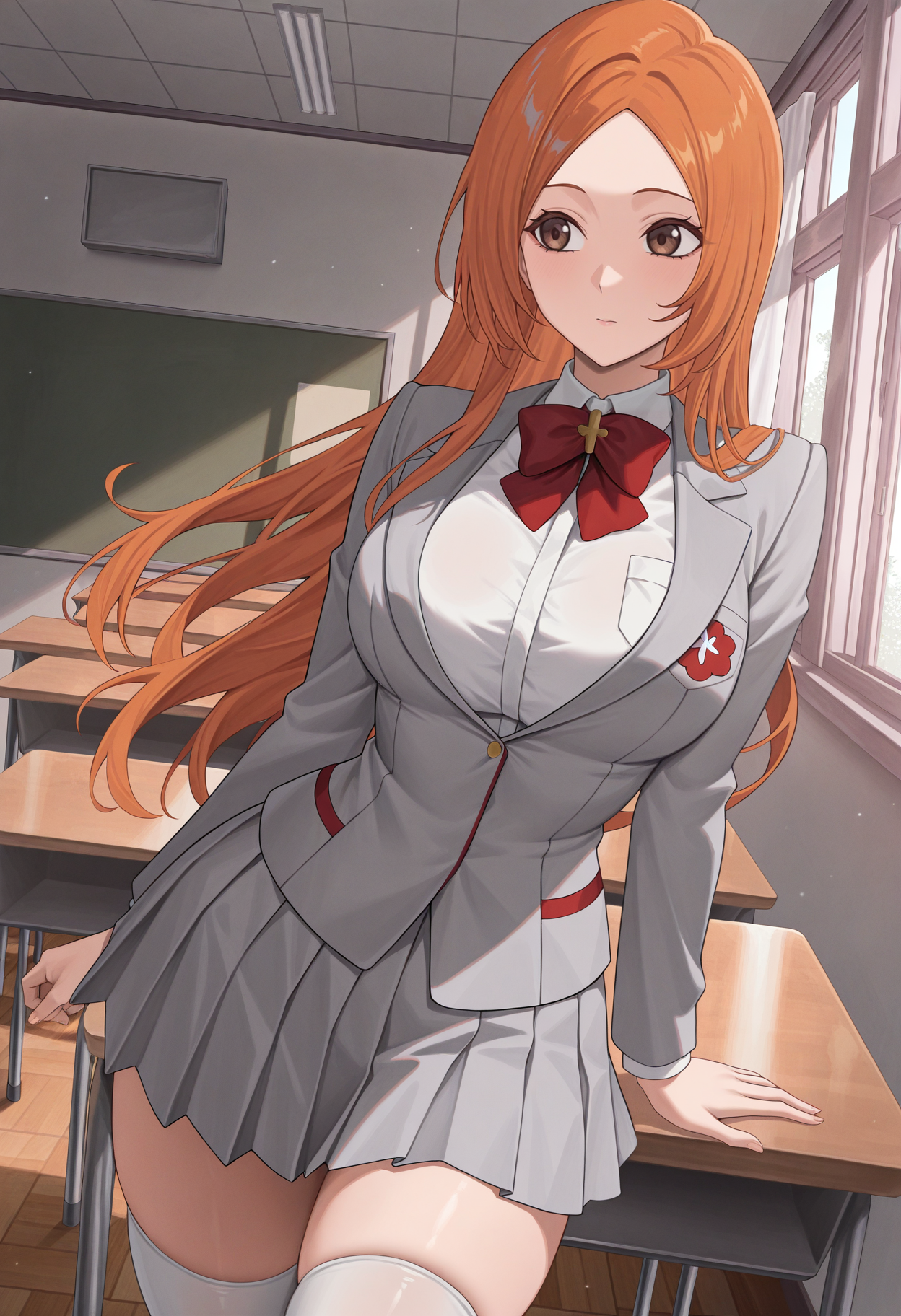 masterpiece, best quality, absurdres, highres, newest, 1girl, solo, <lora:inoueorihime-bleach-richy-v1_ixl:1> inrhmsu, brown eyes, orange hair, long hair, parted bangs, breasts, red bow, bowtie, grey jacket, white shirt, grey skirt, pleated skirt, white thighhighs, standing, indoors, classroom
