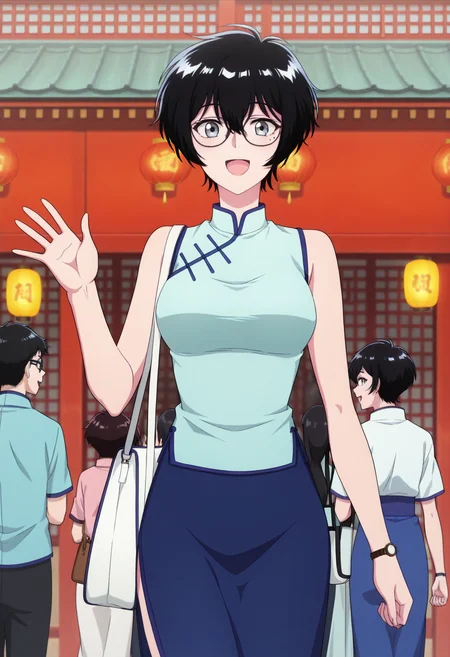 masterpiece, best quality,  absurdres, highres, cinematic light, 1girl,  <lora:kujirai_reiko:1> kujirai_wz, very short hair, black hair,  hair between eyes, mole under eye, grey eyes, glasses,  <lora:anime_screencap-Illustrious:1> anime screencap, anime coloring, anime screenshot, chinese clothes, light blue china shirt, bare shoulders,  long blue skirt, architecture, east asian architecture, paper lantern, china town, outdoors, walking, waving, waving hand, motion lines, people, blurry background,  wristwatch, shoulder bag, :d, looking at viewer, cowboy shot, safe