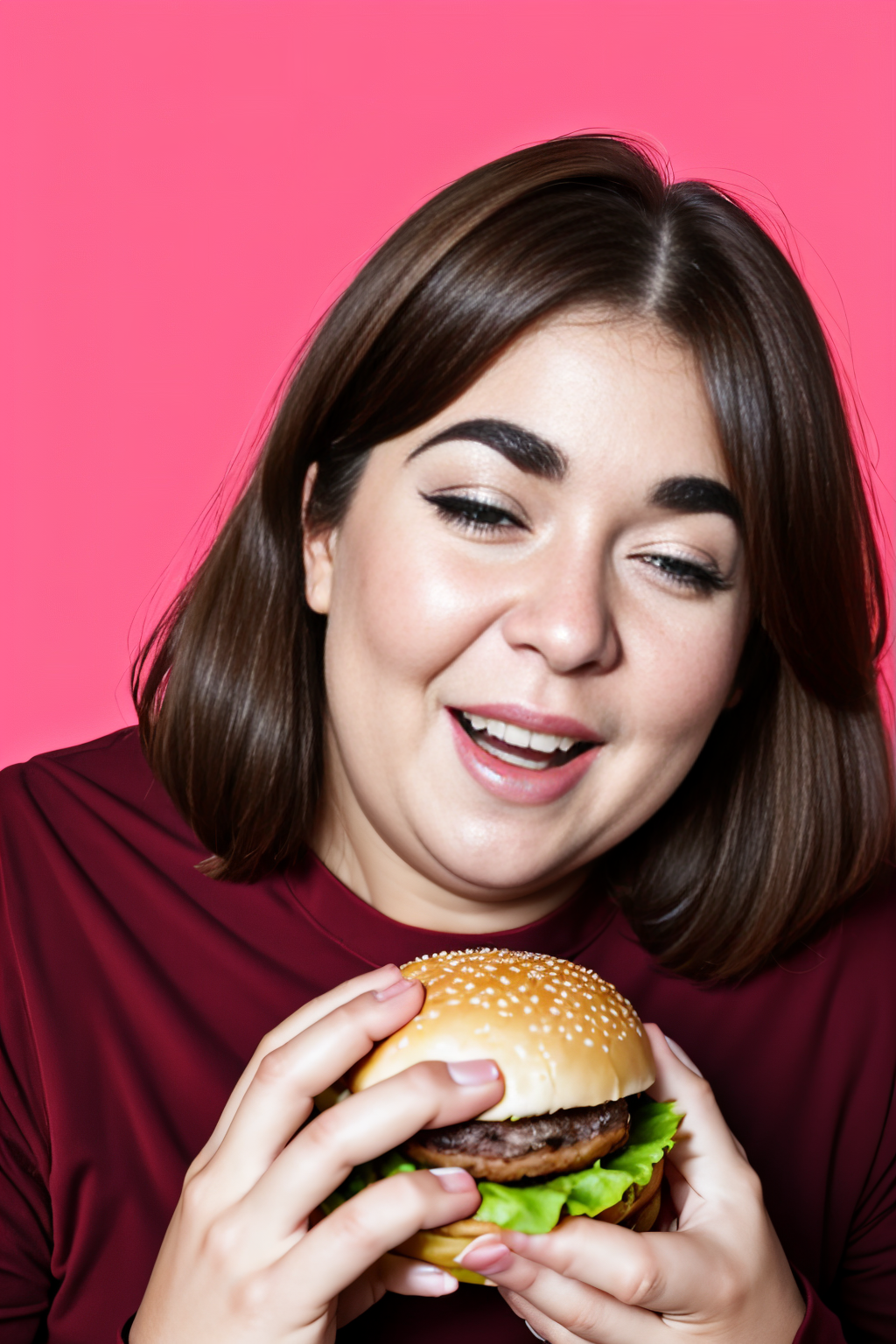 (Realisitc:1.5) gluttony, thick eyebrows, photo background, looking away, burger, red shirt, pink theme, 1boy, holding spoon, eyelashes, mole under eye, <lora:EdobGluttony_v1.0:0.8>