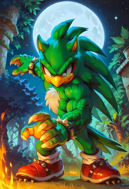score_9, score_8_up, score_7_up, male, source_furry, male, solo, Jet the Hawk, beak, bird, green fur, claws, fur, big eyes, big hands, red sneakers, spikes on shoes,, muscular:1.3, hands, no pants, serious expression, (((dutch angle, sexy tease, sexy pose, stylish pose, action pose, clawing at a tree, from below)))
BREAK
forest, tress, outside, night, moon, stars, ambient light