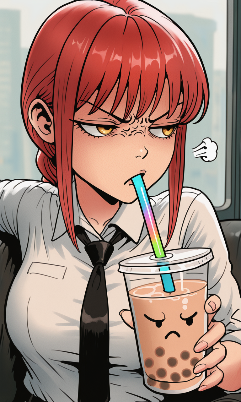 embedding:IllusP0s, f3rn4nd0, makima, annoyed, white shirt, black tie, 1girl, solo, bubble tea, drinking,<lora:bubble tea friend_illustrious.safetensors:1.0:1.0> <lora:Style_soph-Fernando-ILXL.safetensors:1:1>