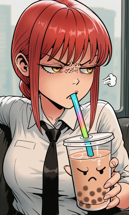 embedding:IllusP0s, f3rn4nd0, makima, annoyed, white shirt, black tie, 1girl, solo, bubble tea, drinking,<lora:bubble tea friend_illustrious.safetensors:1.0:1.0> <lora:Style_soph-Fernando-ILXL.safetensors:1:1>