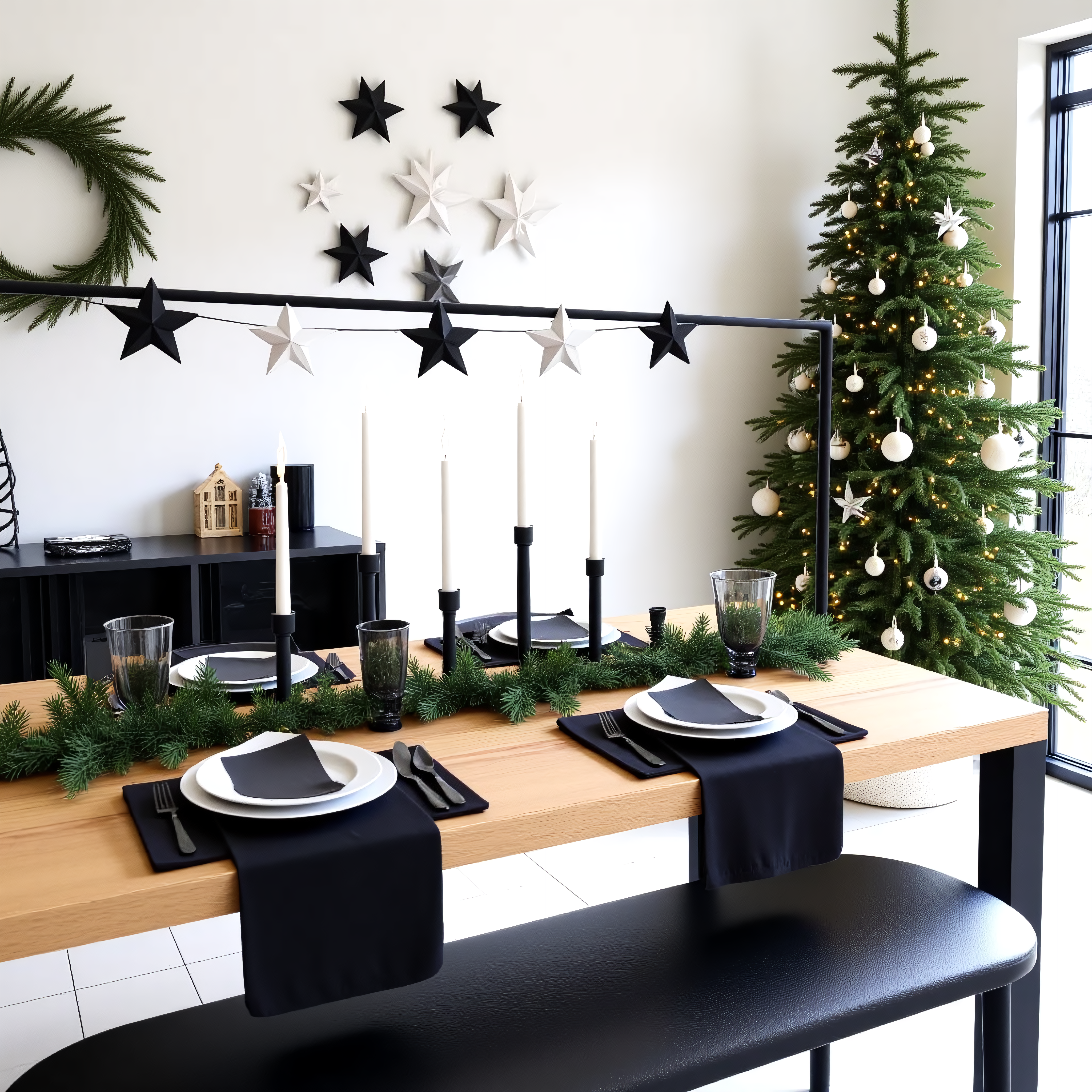 A long, wooden dining table, set for a minimalist Christmas dinner. Black and white paper star garlands hang from a black metal frame, draped over the dining area.  White candles in black holders cast a warm glow.  Black and white dinnerware and place settings are arranged on the table, surrounded by greenery.  A small Christmas tree, decorated with white and black ornaments, sits near the table, under a window.  The setting is a modern, bright room. The color palette is mainly black, white, and natural wood tones. The overall aesthetic is clean, minimalist, and stylish. Impressionist style lighting and a focus on detail for the dining table, ornaments, and garland. Render with hyperphotorealism.
