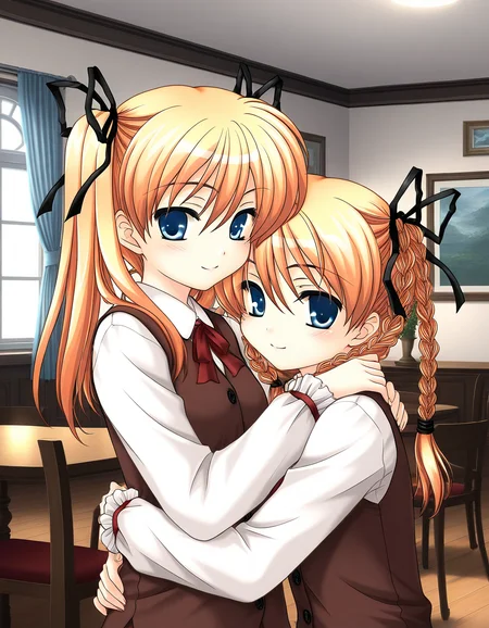 general,highres, ultra-detailed,very aesthetic,best quality ,best hands, BREAK <lora:Itsukiï¼Imi_IS:1>ãItsukiï¼Imi, multiple girls, 2girls, blonde hair, twins, siblings, blue eyes, twintails, braid, ribbon, BREAK,
sisters, twin braids, hair ribbon, long hair, chair, brown vest, hug, upper body, shirt, smile,