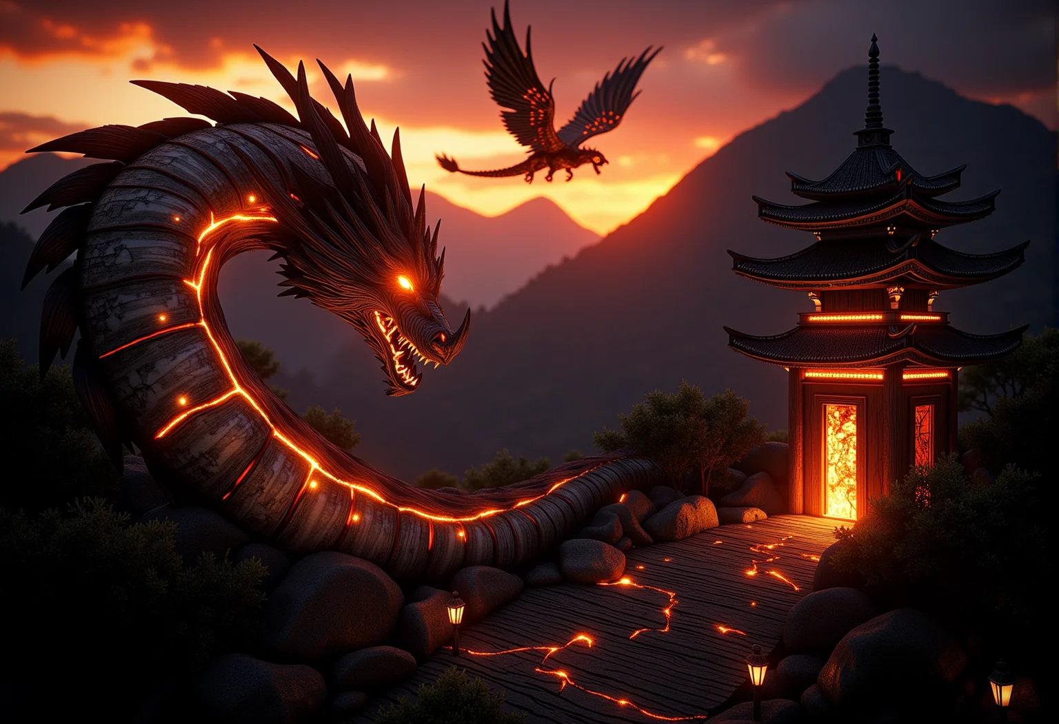 A massive dragon flying over a mountain range at twilight, its scales partially transformed into glowing wooden textures, veins of soft embers flickering across its body|A close-up of a tree with ember-like veins glowing faintly against a fiery twilight sky, small patches of bark showing faint glowing wood, gently illuminating the scene}|A panoramic view of a glowing wooden temple at dusk, flickering embers within the wooden veins of the structure, glowing faintly as the light fades}} Epic cinematic lighting, soft glowing wood textures, subtle embers, dramatic shadows, backlit glow, high contrast, lens flare, deep focus, ultra-realistic details, vivid colors, high dynamic range, volumetric lighting, breathtaking scale, photorealism, hyper-sharp focus, intricate details, stunning cinematic atmosphere. , <lora:bv-glowing-wood-v1.safetensors:0.5:0.5>