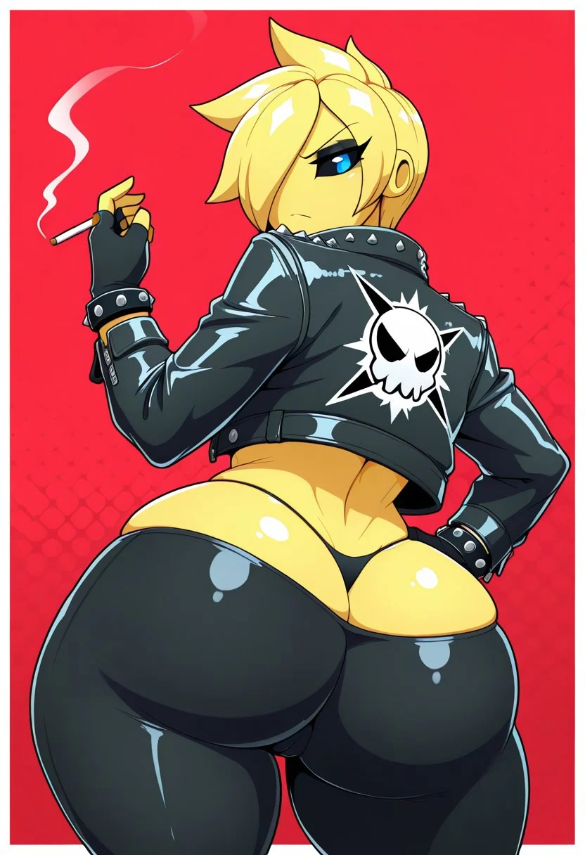 masterpiece, best quality, amazing quality, very aesthetic, high resolution, ultra-detailed, absurdres, newest, white border, (abstract background:1), ( red background | white background | blue background ), solo, 1female, hetero, voluptuous, curvy, huge thighs, al13nsp3c13sill, no nose, no ears, black sclera, blue eyes, yellow skin, yellow hair, hair over one eye, spiky hair, long sleeve leather jacket, tomboy, punk, spiky bracelet, black fingerless gloves, black eyeshadow, black choke, black leggings, (gray tank top:0.5), (thong straps0.7), midriff, cowboy shot, camel toe, looking at viewer, looking back, thick thighs, huge ass, fat ass, (butt crack:0.4) annoyed, holding cigarette in right hand, left hand on hip, contrapposto