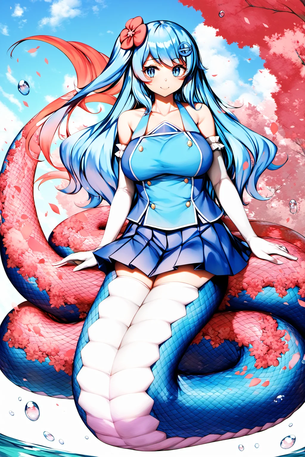 ((score_9, score_8_up, score_7_up, source_anime,
Masterpiece, best quality, illustration, high resolution, hyper detail, finely detailed, ultra-detailed),
8k, Wallpaper, grand, an extremely delicate and beautiful, anime, pixiv, colorful, distinct, bishoujo),
detailed cute anime face, perfect face, sharp
BREAK
<lora:SDXL_LoCon_lamia_WCoff_bt04_ep016_11328_1024_dim128_a032_con064_a008_LR00010_snr05_noise00_del:1>,
Lamia, monster_girl,
1girl, solo, full body, outdoor,
<lora:edgSexplorerPonyv1:1>,EdgSexplorer,blue_eyes,long_blue_hair,
hair_ornament,bare_shoulders,blue_shirt,white_elbow_gloves,blue_pleated_skirt,zettai_ryouiki,white_thighhighs