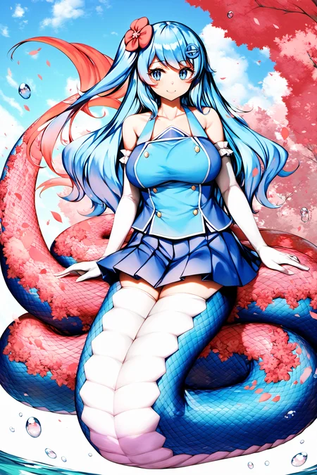 ((score_9, score_8_up, score_7_up, source_anime,
Masterpiece, best quality, illustration, high resolution, hyper detail, finely detailed, ultra-detailed),
8k, Wallpaper, grand, an extremely delicate and beautiful, anime, pixiv, colorful, distinct, bishoujo),
detailed cute anime face, perfect face, sharp
BREAK
<lora:SDXL_LoCon_lamia_WCoff_bt04_ep016_11328_1024_dim128_a032_con064_a008_LR00010_snr05_noise00_del:1>,
Lamia, monster_girl,
1girl, solo, full body, outdoor,
<lora:edgSexplorerPonyv1:1>,EdgSexplorer,blue_eyes,long_blue_hair,
hair_ornament,bare_shoulders,blue_shirt,white_elbow_gloves,blue_pleated_skirt,zettai_ryouiki,white_thighhighs