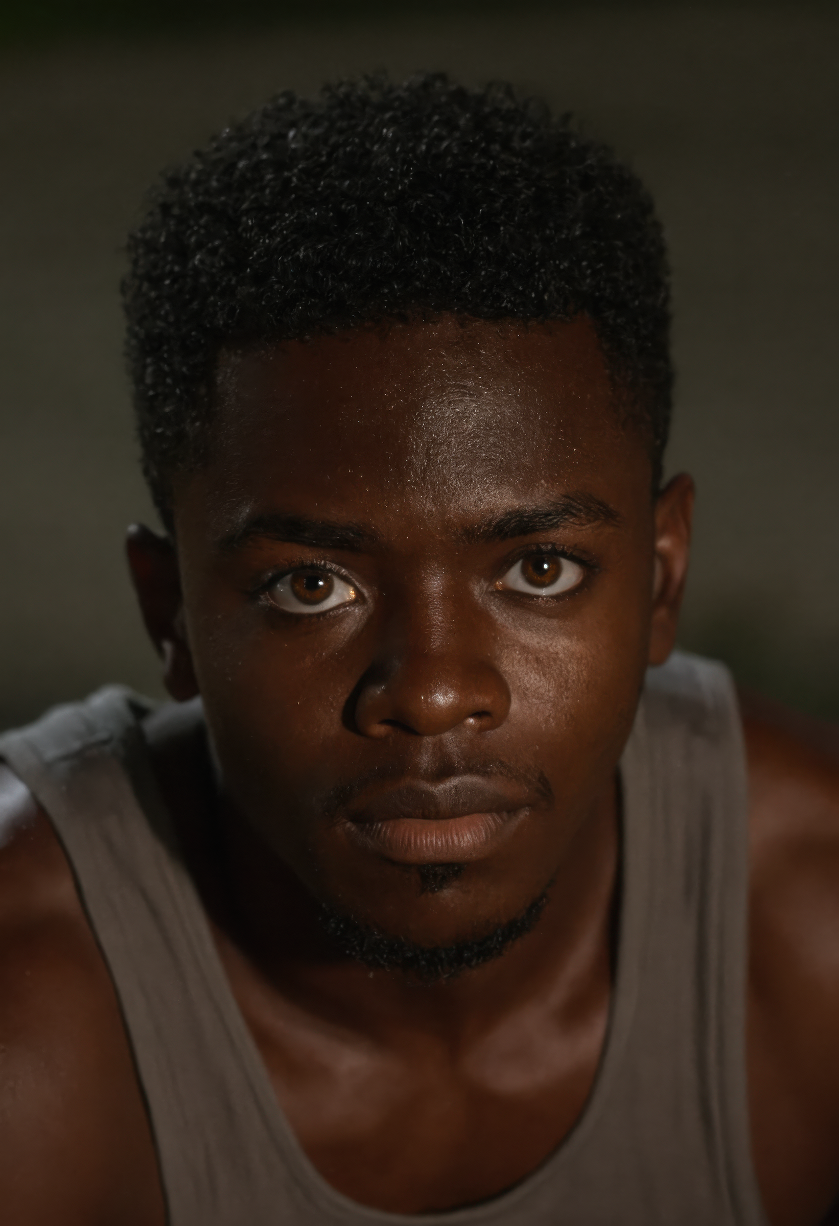 nighttime, 1boy, male focus, black hair, dark skin, dark-skinned male, blurry, tank top, brown eyes, realistic, <lora:sdxl_nighttime:1>