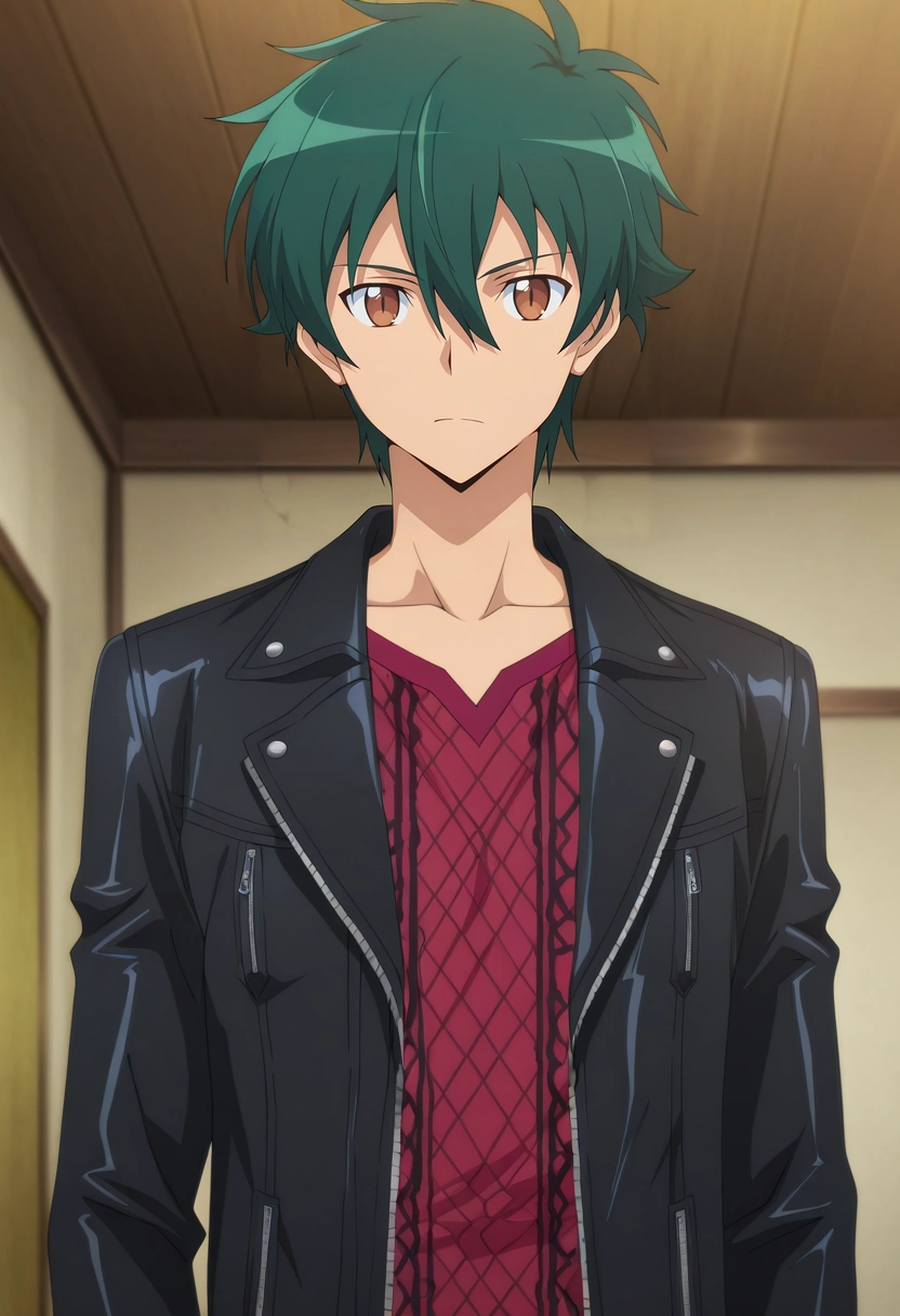 masterpiece, best quality, , anime screencap, anime coloring, official style, looking at viewer, 1boy, solo, male focus, <lora:sadao_maou_ilxl:0.98>, sadao_maou, green hair, brown eyes, s2, short hair, hair between eyes, , Embroidered Flannel Dressy joggers, Leather jacket, , ,