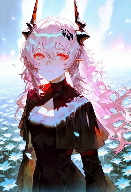 score_9, score_8_up, score_7_up, source_anime,
1girl, (Theresa), (Arknights), pink hair, red eyes, horns, long flowing hair, cute yet melancholic facial expression, subtle blush, wistful gaze, faint smile, negative space, standing in a dreamy flower field, white flower petals, soft wind blowing petals around, cinematic framing, focus on the lower half of the frame, melancholic atmosphere, serene and dreamy setting, warm yet muted lighting, hazy background, fading sunlight, desaturated tones, light particles floating gently, quiet and serene environment, looking up, from above, turtleneck dress with cleavage cutout, soft and natural pose, watercolor-inspired details , black dress ,
(cool, muted tones:1.4), (soft shadows under diffused light:0.4), (sunlight with a soft blue hue:1.1), (subtle golden highlights on character:1.2), (arknights-inspired design:1.4), (character in focus:1.3), (dreamy watercolor effect:1.5), (hazy soft light:1.2), (ethereal atmosphere:1.3), (subtle contrast:1.0), (soft warm glow:1.1), (melancholic memories:1.4)
<lora:96YOTTEA-WAI:0.4>
year2022,year2023,year2024,newest,raytracing ,detailed light,hyperdetailed,dim lighting,8k resolution,  masterpiece, best quality, newest, absurdres, highres, safe,
