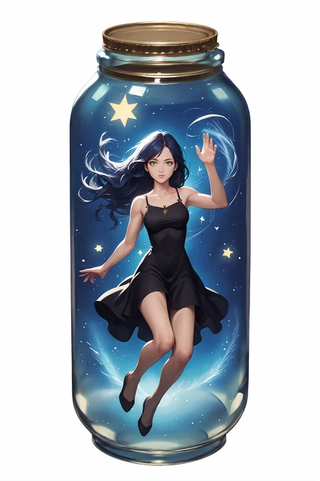 score_9,
<lora:in_jar_v1_pruned:1>, in jar, lid,
<lora:pony_2.5DCartoonV2:0.8>,
galaxy, starry sky,
1girl, floating, black dress, long hair, dark blue hair, green eyes, looking at viewer,
white background,
high resolution, Masterpiece, detailed