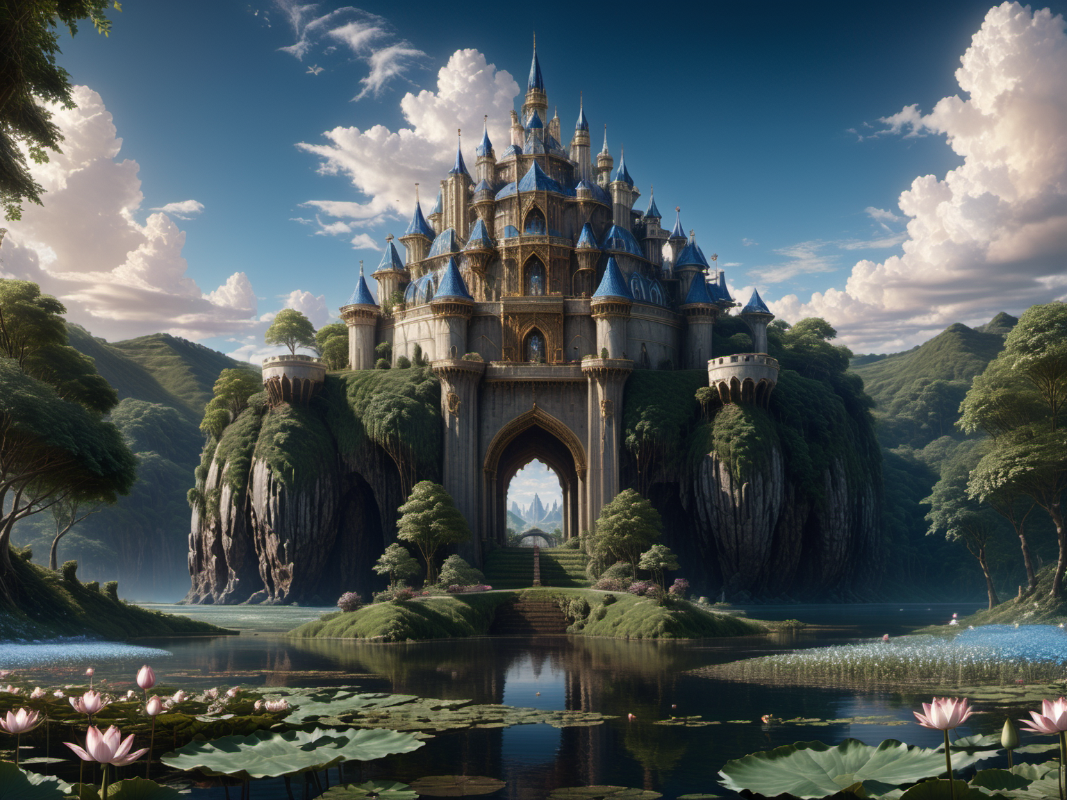 a fairytale castle on top of a lotus stream, in the style of realistic and hyper-detailed renderings, physically based rendering, futurist mechanical precision, simeon solomon, realistic, realistic blue skies, symmetrical <lora:xl_real_beta1:1>