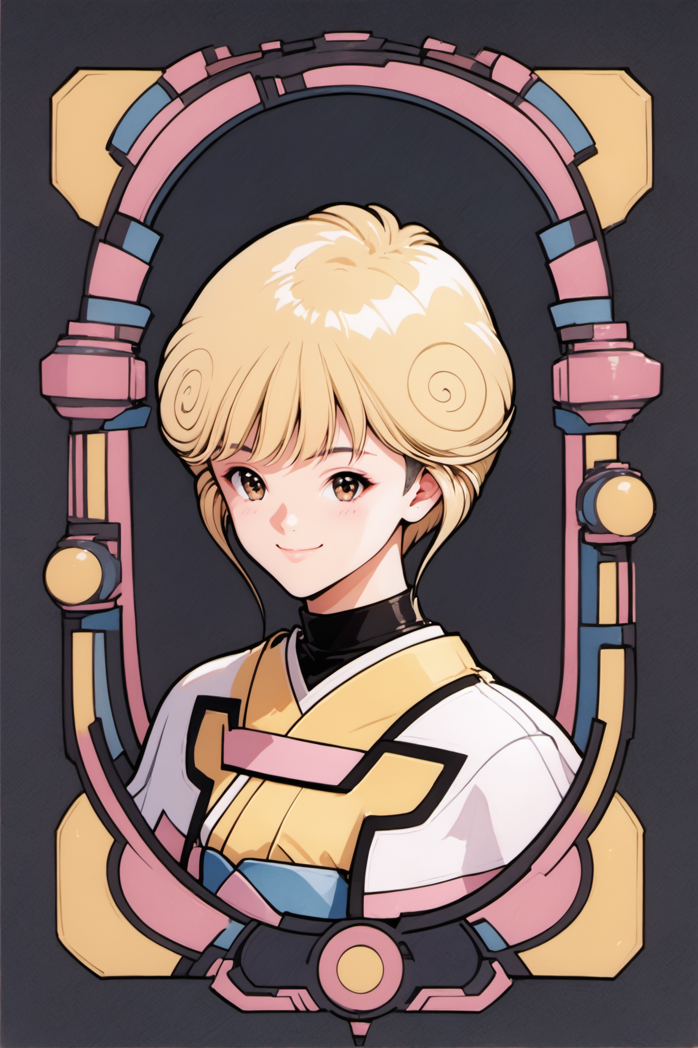 Ai Amano,1girl,solo,short hair,blonde hair,smile,closed mouth,brown eyes,yellow short kimono white pantyhose white capelet pink obi pink bow,simple background,upper body,black background,traditional media,score_9,score_8_up,<lora:Katsura Masakazu_XL_PONY:0.9>,