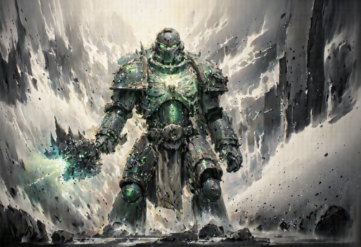 A terrifying Chaos Space Marine in full, corrupted battle armor, a towering figure of horror standing proudly amidst the ruins of a war-torn battlefield. His armor, a blasphemous union of ancient, pitted metal and grotesque organic growths, pulsates with a sickly green aura, the very essence of the Warp coursing through it. The once gleaming plates of his power armor are now a twisted tapestry of unholy runes, etched with the foul knowledge of the Dark Gods. The crimson blood that seeps from the armor's cracks and joints glows eerily, a grim testament to the unspeakable rituals that have bound him to his unearthly patron. His gauntlets end in claw-like fists adorned with jagged spikes, while chains hang menacingly from his shoulders, each link a symbol of the endless torment and loyalty to his chaotic cause. In his powerful grip, he wields a colossal power axe, its barbed head crackling with malevolent red lightning, a weapon born of the very fabric of the Eye of Terror. The backdrop is a tableau of hellish grandeur. The only constant in this tumult is the piercing gaze of the Marine's eyes, burning with a feral, unnatural green light that seems to cut through the gloom, a silent promise of doom for any who dare oppose him. The entire scene is rendered in stunning 8K resolution, with hyper-detailed textures bringing the grotesque beauty of the corrupted armor and the desolate grandeur of the battlefield to life in a way that is both visceral and hauntingly realistic.