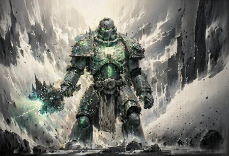 A terrifying Chaos Space Marine in full, corrupted battle armor, a towering figure of horror standing proudly amidst the ruins of a war-torn battlefield. His armor, a blasphemous union of ancient, pitted metal and grotesque organic growths, pulsates with a sickly green aura, the very essence of the Warp coursing through it. The once gleaming plates of his power armor are now a twisted tapestry of unholy runes, etched with the foul knowledge of the Dark Gods. The crimson blood that seeps from the armor's cracks and joints glows eerily, a grim testament to the unspeakable rituals that have bound him to his unearthly patron. His gauntlets end in claw-like fists adorned with jagged spikes, while chains hang menacingly from his shoulders, each link a symbol of the endless torment and loyalty to his chaotic cause. In his powerful grip, he wields a colossal power axe, its barbed head crackling with malevolent red lightning, a weapon born of the very fabric of the Eye of Terror. The backdrop is a tableau of hellish grandeur. The only constant in this tumult is the piercing gaze of the Marine's eyes, burning with a feral, unnatural green light that seems to cut through the gloom, a silent promise of doom for any who dare oppose him. The entire scene is rendered in stunning 8K resolution, with hyper-detailed textures bringing the grotesque beauty of the corrupted armor and the desolate grandeur of the battlefield to life in a way that is both visceral and hauntingly realistic.