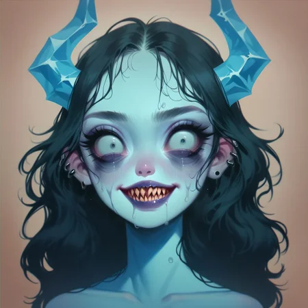 score_9, score_8_up, score_7_up, score_6_up, p3tr4, MJ, sk3tchb00k, watermode, goth girl with horns, cold eyes, smiling huge creepy smile with sharp teeth, Moai Statue, Moai face, ice girl