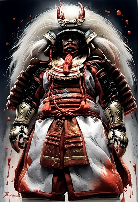 score_9, score_8_up, score_7_up,
Male illustration, 50 years old, mature man, ambitious, wide-eyed, piercing gaze, distinguished, intelligent, strategist, military strategist, intimidating, chubby but muscular, Japanese samurai, 16th century, dramatic lighting, high contrast, decorative, atmospheric, haunting beauty, texture, (dynamic angle), round face, black, gray, red, yellow,
Front view, splash art, highly detailed illustration, trending on Artstation, paint smor,plashes, perfect composition, watercolor, sharp focus, intricate details, highly detailed,
White background, mustache (1.3), windy, dynamic pose, dynamic angle,arrmor,
Watercolor, <lora:BDpony_TakedaShingen_V1:0.9>, Takeda Shingen,
<lora:Midjourney_5:0.6>, <lora:WaterColorV3:0.8>,