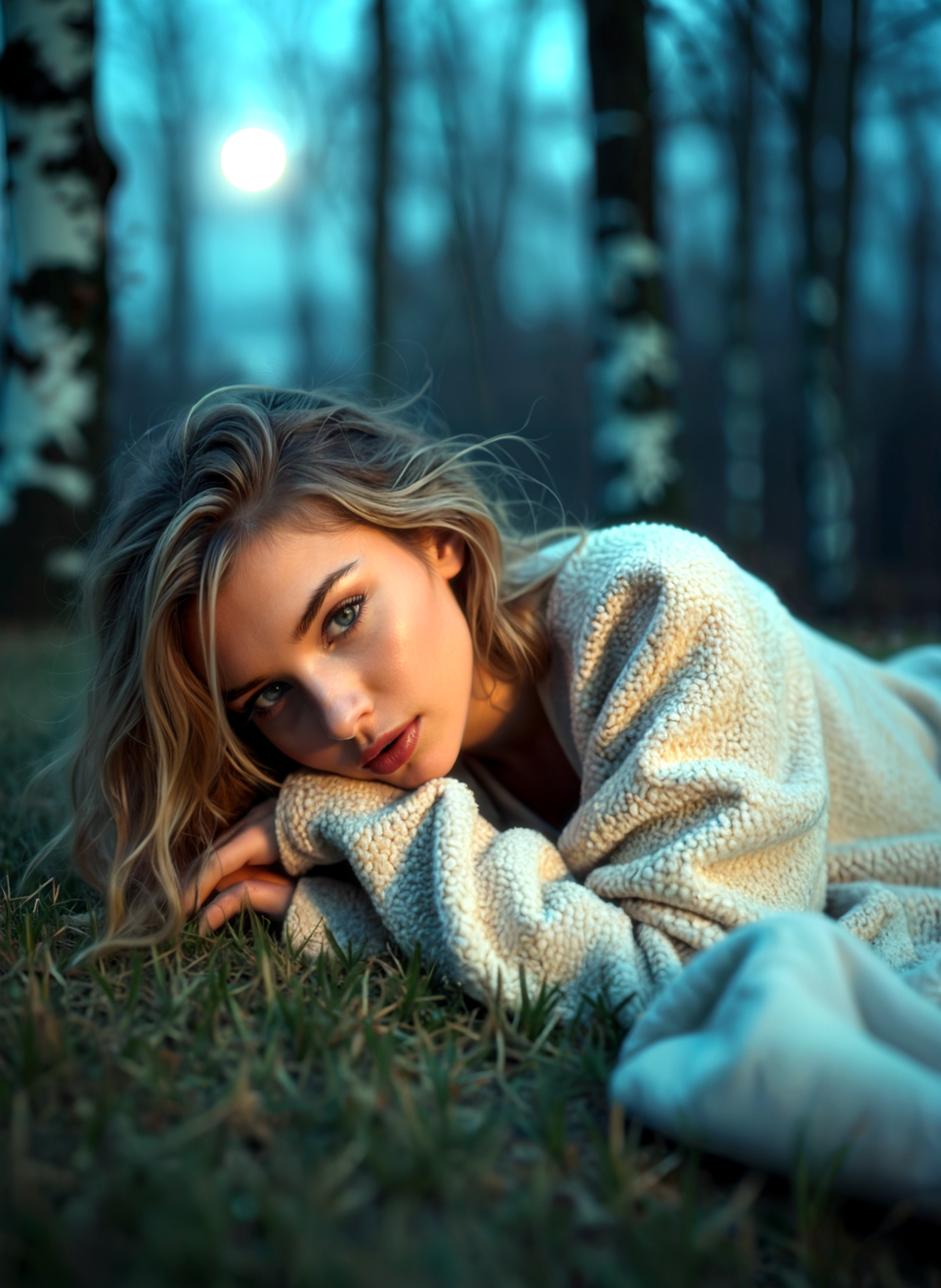 Photograph of a young woman lying on the grass in a forest. She is wearing a white knitted sweater and her blonde hair is styled in loose waves. The woman is looking directly at the camera with a serious expression on her face. The background is blurred, a wooded area with tall trees and a full moon in the sky. The lighting is soft and warm, creating a dreamy atmosphere. The overall mood of the image is dreamy and ethereal. <lora:add-detail-xl:.5>  <lora:Flux-style-xl-lora:.5>
