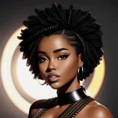 a photo portrait of a beautiful African female, dark skin, art by fs2023, best quality masterpiece, photorealistic, detailed, 8k, HDR, shallow depth of field, broad light, high contrast, backlighting, bloom, light sparkles, chromatic aberration, sharp focus, RAW color photo, cinematic lighting, octane render, volumetric lighting