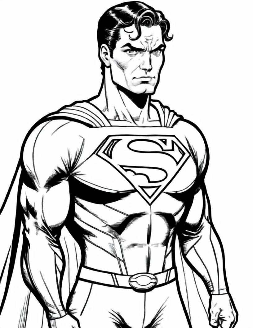 black and white, line art, coloring drawing of comic superman<lora:Coloring_book_-_LineArt:0.8>, white background, thick outlines