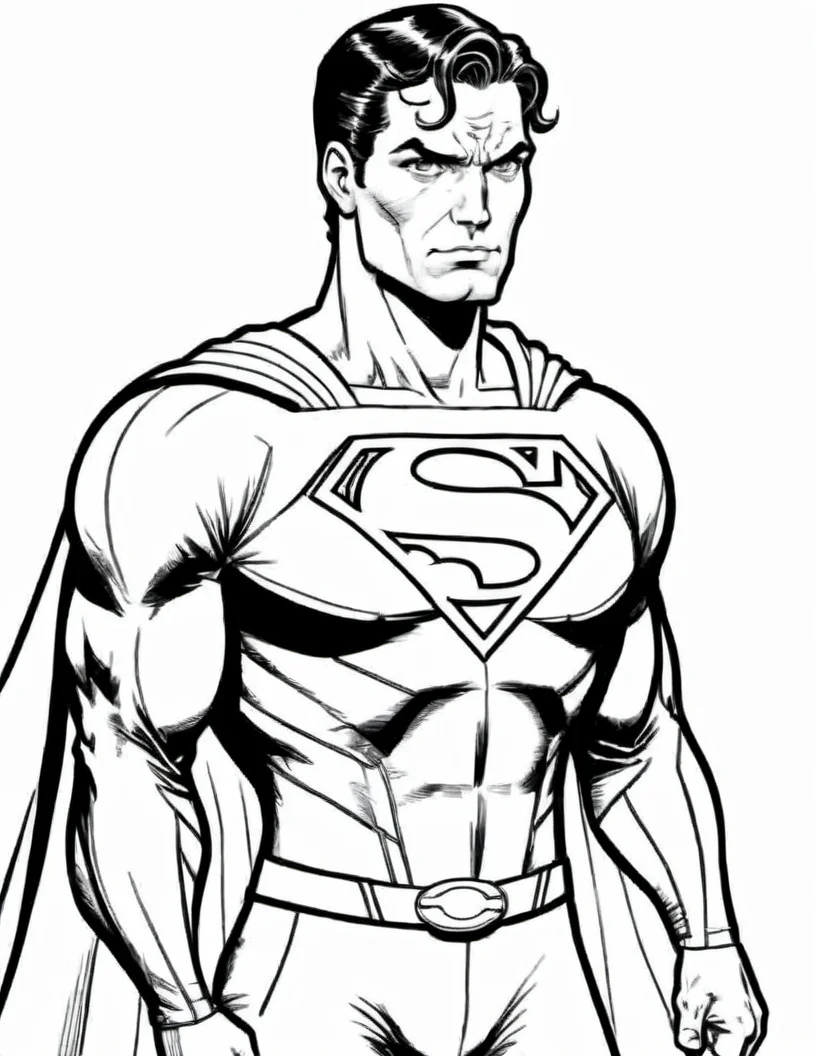 black and white, line art, coloring drawing of comic superman<lora:Coloring_book_-_LineArt:0.8>, white background, thick outlines